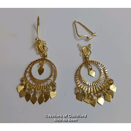 373 - A pair of pendant earrings, one broken, not hallmarked, stamp on reverse possibly reading Turkey. Gr... 