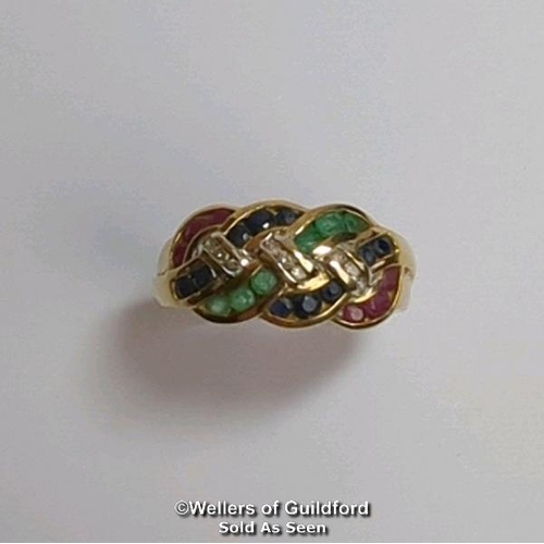 378 - Diamond, sapphire, ruby and emerald knot ring in hallmarked 9ct gold. Diamond weight estimated as 0.... 