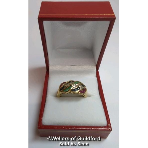 378 - Diamond, sapphire, ruby and emerald knot ring in hallmarked 9ct gold. Diamond weight estimated as 0.... 