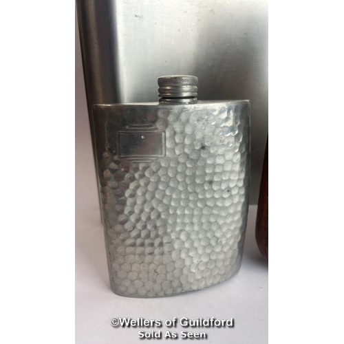 84 - Six hip flasks, inc.Large 64oz, Electronic plated, and Pewter