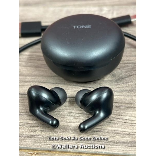 8033 - LG UFP5 WIRELESS EARBUDS / POWERS UP / CONNECTS TO BT / PLAYS MUSIC BUT IS QUIET / SIGNS OF USE