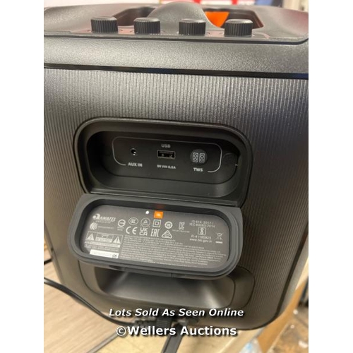 8093 - JBL PARTYBOX SPEAKER WITH MICROPHONE / APPEARS NEW, OPEN BOX / POWERS UP / CONNECTS TO BT / PLAYS MU... 