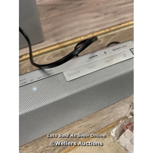 8124 - PHILIPS HTL3325/10 SOUNDBAR / SOUNDBAR POWERS UP, CONNECTS TO BT & PLAYS MUSIC / SUBWOOFER IS UNTEST... 