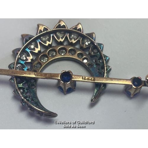 360 - Late Victorian diamond and sapphire cresent bar brooch. Three round old cut sapphires estimated tota... 