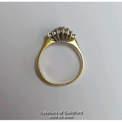 363 - Diamond marquise cluster ring in hallmarked 18ct gold, London 1985. Diamond weight approximately 0.2... 