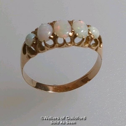 368 - Opal five stone ring. Rubbed hallmark. Ring size O. Gross weight 1.42g. Condition - some wear to opa... 