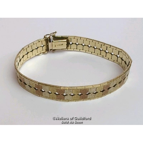 371 - Three colour gold satin textured bracelet stamped 375, length 18cm, gross weight 18.66g. Condition -... 