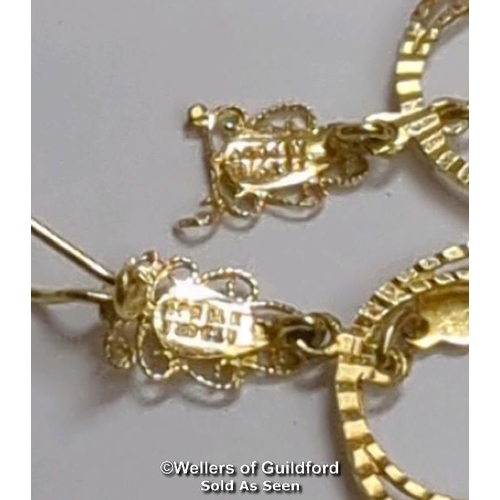 373 - A pair of pendant earrings, one broken, not hallmarked, stamp on reverse possibly reading Turkey. Gr... 