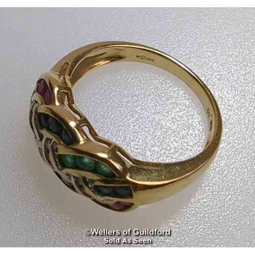 378 - Diamond, sapphire, ruby and emerald knot ring in hallmarked 9ct gold. Diamond weight estimated as 0.... 