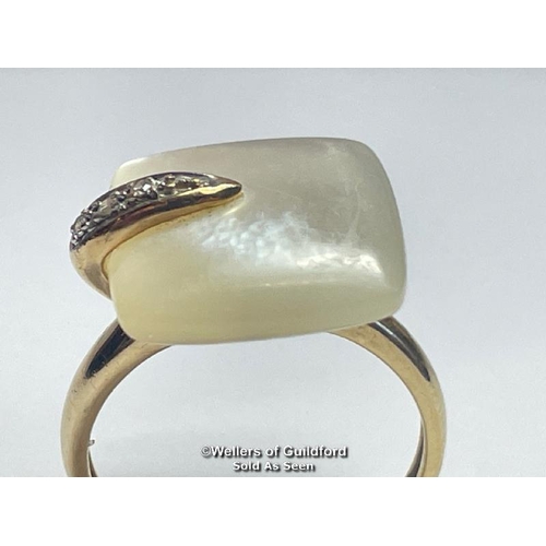 388 - Mother of pearl and diamond ring in hallmarked 9ct gold by QVC. Ring size P, dimensions of stone 15m... 