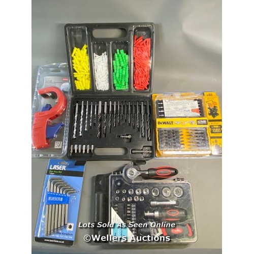 3802 - X1 WICKES DRILL AND WALL PLUG SET, X1 DEWALT SCREWDRIVER BIT SET, X1 KNIPEX PIPE CUTTER, X1 LASER  7... 