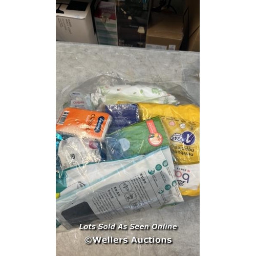 3913 - BAG OF NEW TISSUES, WIPES, DIAPERS AND SHOES / UPSTAIRS / H27