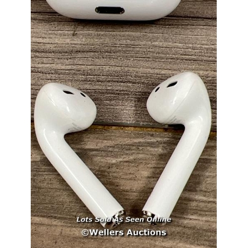 8002 - APPLE AIRPODS / 2ND GEN / WITH CHARGING CASE / POWERS UP / CONNECTS TO BT / PLAYS MUSIC / SIGNS OF U... 