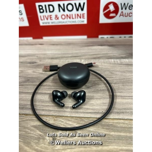 8013 - LG UFP5 WIRELESS EARBUDS / POWERS UP / CONNECTS TO BT / PLAYS MUSIC BUT IS QUIET / SIGNS OF USE