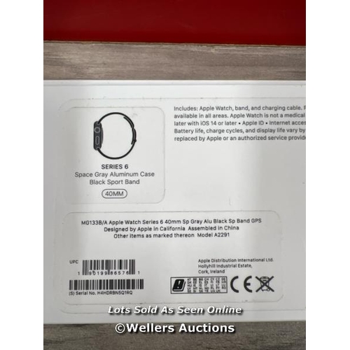 8091 - APPLE WATCH / SERIES 6 (GPS) / SPACE GREY / 40MM / WITH BLACK SPORT BAND STRAP / A2291 / POWERS UP /... 