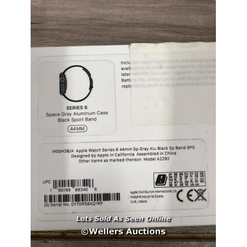 8096 - APPLE WATCH / SERIES 6 (GPS) / SPACE GREY / 44MM / WITH BLACK SPORT BAND STRAP / A2292 / POWERS UP /... 