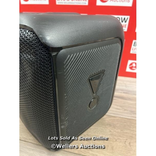 8164 - JBL PARTYBOX SPEAKER WITH MICROPHONE / POWERS UP, CONNECTS TO BT & PLAYS MUSIC / SIGNS OF USE / DENT... 