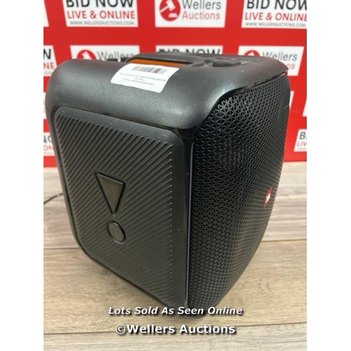 8164 - JBL PARTYBOX SPEAKER WITH MICROPHONE / POWERS UP, CONNECTS TO BT & PLAYS MUSIC / SIGNS OF USE / DENT... 