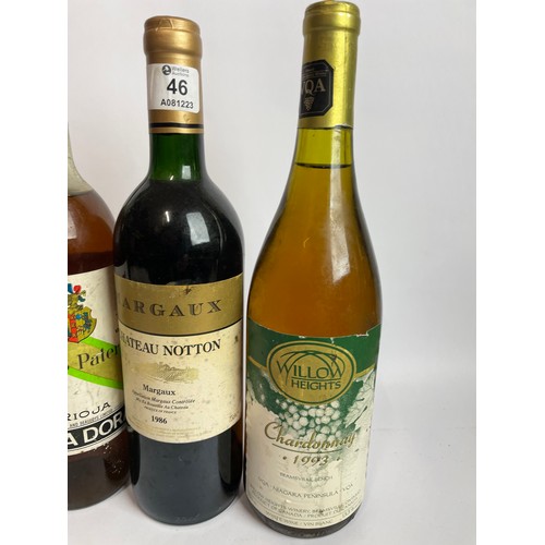 46 - Four bottles of vintage wines inc. 1986 Margaux Chateau Notton, 1993 Willow Heights Chardonnay, 1985... 