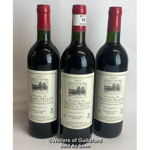 16 - Three bottles of 1993 Domaine Du Grand Mayne Cotes de Duras, 75cl, 12% vol / Please see images for f... 