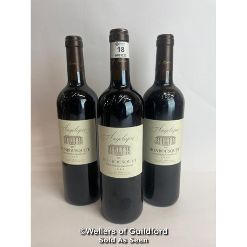 18 - Three bottles of 2009 Angelique De Monsbousquet Saint-Emilion Grand Cru, 75cl, 14% vol / Please see ... 