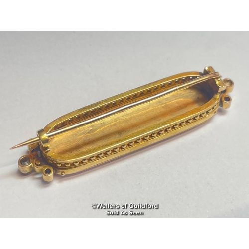 343 - Stock pin in yellow metal with three rows of split pearls and rose cut diamond terminations, not hal... 