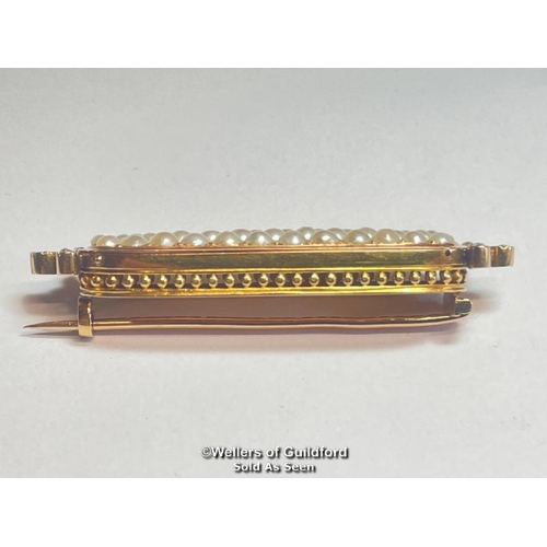 343 - Stock pin in yellow metal with three rows of split pearls and rose cut diamond terminations, not hal... 