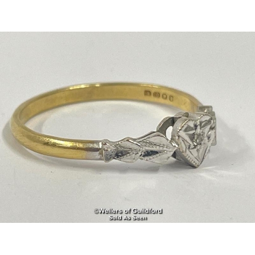 345 - Heart motif ring set with a tiny single cut diamond in hallmarked 18ct gold and platinum. Hallmarks ... 