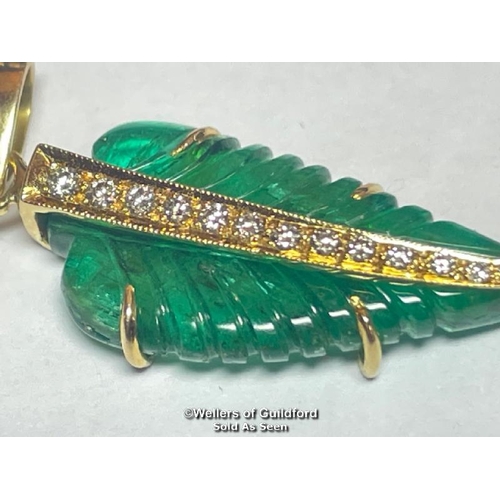 346 - Leaf cut emerald pendant set with thirteen brilliant cut diamonds, estimated diamond weight 0.15ct, ... 