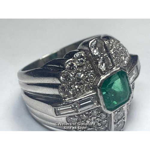 347 - Emerald and diamond ring stamped PT950, set with round brilliant cut, single cut and baguette cut di... 