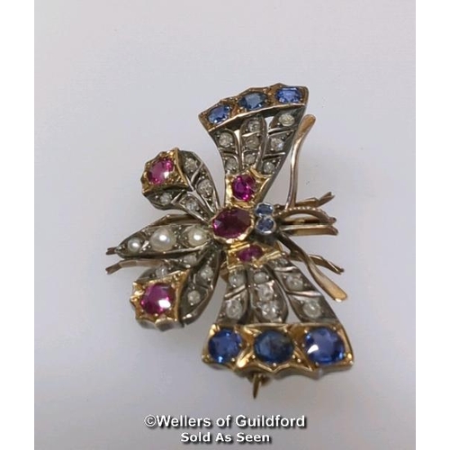 348 - Late Victorian ruby, sapphire, diamond and pearl butterfly brooch with pendant loop and removable br... 