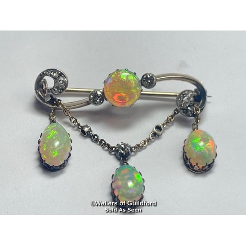 359 - Late Victorian opal and old cut diamond bar brooch with opal and diamond chain, dangle drops the cen... 