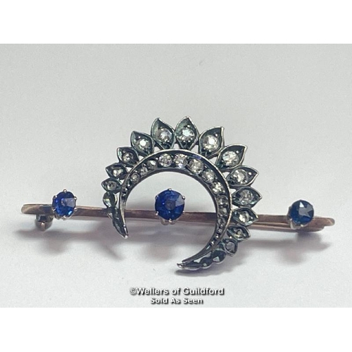 360 - Late Victorian diamond and sapphire cresent bar brooch. Three round old cut sapphires estimated tota... 