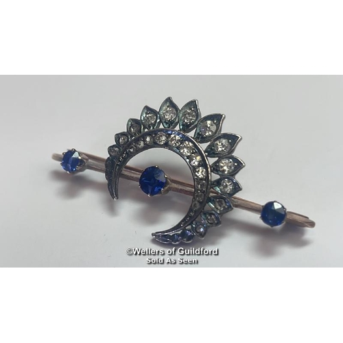 360 - Late Victorian diamond and sapphire cresent bar brooch. Three round old cut sapphires estimated tota... 