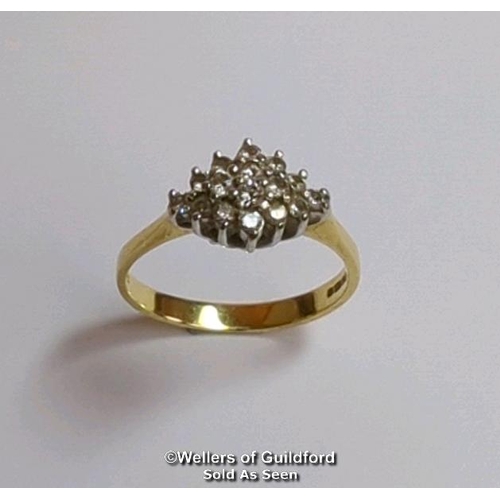 363 - Diamond marquise cluster ring in hallmarked 18ct gold, London 1985. Diamond weight approximately 0.2... 