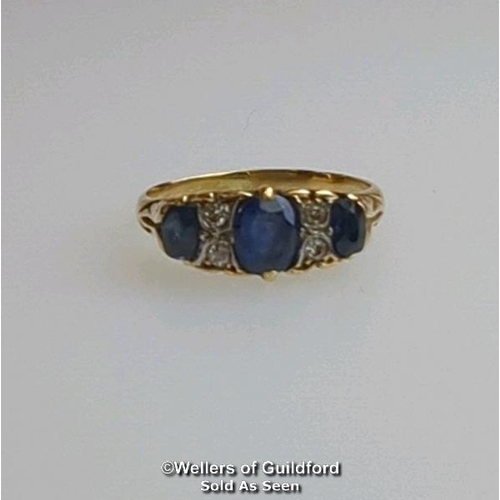 366 - Sapphire and old cut diamond carved style antique ring. Not hallmarked. Ring size L. Gross weight 2.... 