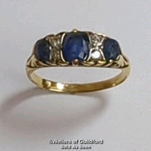 366 - Sapphire and old cut diamond carved style antique ring. Not hallmarked. Ring size L. Gross weight 2.... 