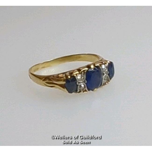 366 - Sapphire and old cut diamond carved style antique ring. Not hallmarked. Ring size L. Gross weight 2.... 