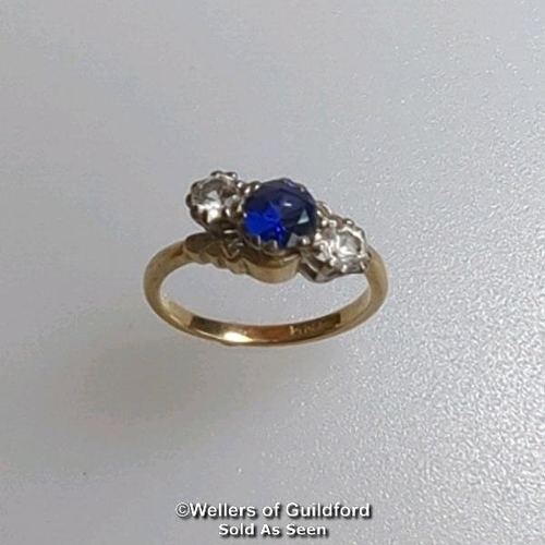 369 - Synthetic sapphire and white sapphire three stone ring in a mount stamped 9ct gold. Ring size L. Gro... 