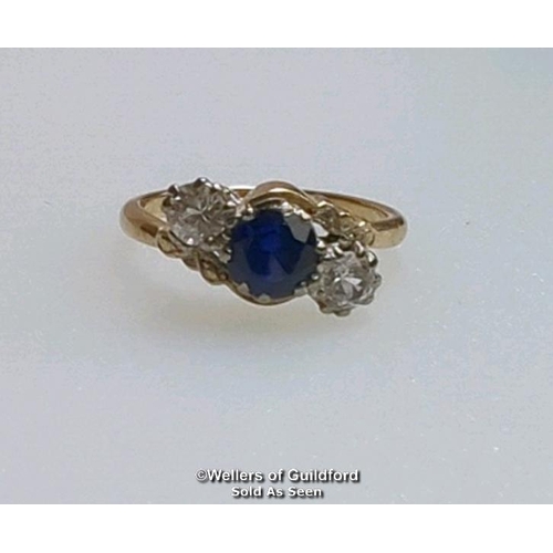 369 - Synthetic sapphire and white sapphire three stone ring in a mount stamped 9ct gold. Ring size L. Gro... 