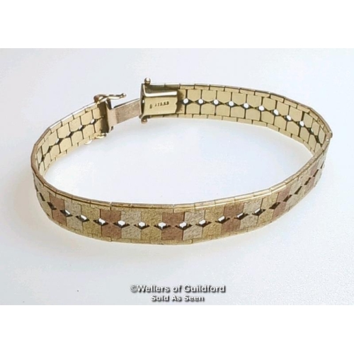 371 - Three colour gold satin textured bracelet stamped 375, length 18cm, gross weight 18.66g. Condition -... 