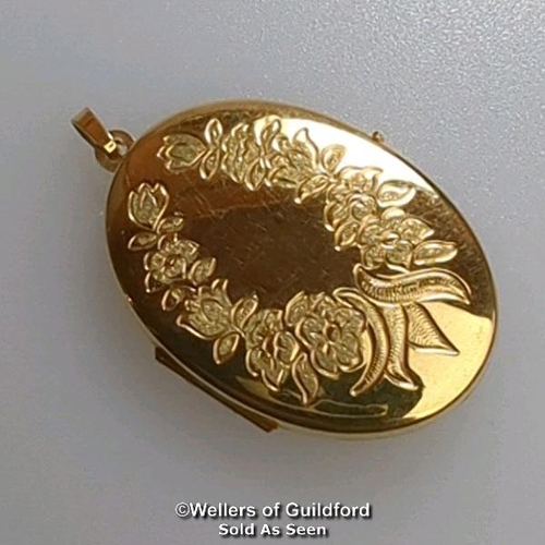 375 - Two locket pendants: one 9ct gold oval locket with engraved front, hallmarked on bail, dimensions 4c... 