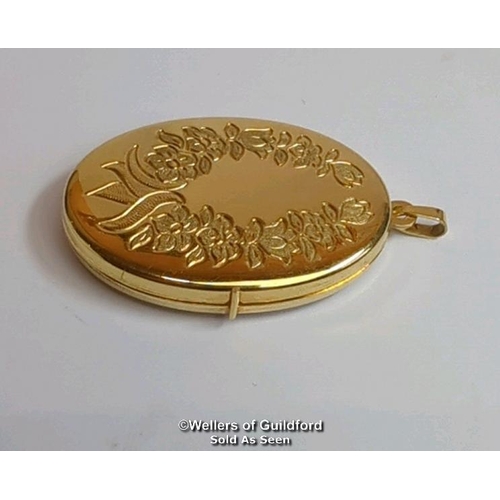 375 - Two locket pendants: one 9ct gold oval locket with engraved front, hallmarked on bail, dimensions 4c... 