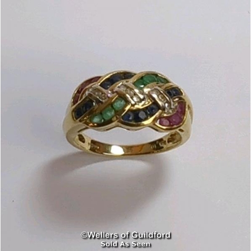 378 - Diamond, sapphire, ruby and emerald knot ring in hallmarked 9ct gold. Diamond weight estimated as 0.... 