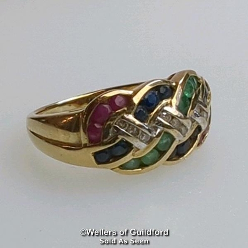 378 - Diamond, sapphire, ruby and emerald knot ring in hallmarked 9ct gold. Diamond weight estimated as 0.... 