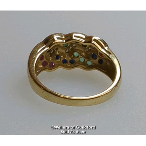 378 - Diamond, sapphire, ruby and emerald knot ring in hallmarked 9ct gold. Diamond weight estimated as 0.... 