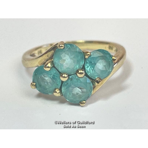 382 - Blue topaz (untested) qautrefoil ring in hallmarked 9ct gold by QVC, ring size J, weight 2.51g