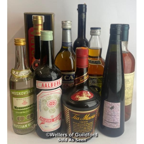 82 - Nine bottles of assorted alcohol and liqueur inc. Tia Maria, Vieux Special, Aalborg Akvavit, Moskovs... 