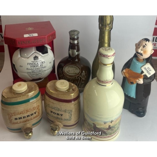 83 - Six assorted vintage decanters inc. The Famous Grouse (made by Wade, 24ct gold gilding)