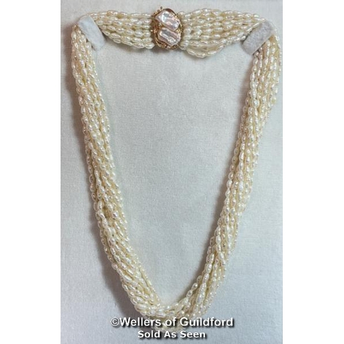 341 - A multi row necklace of eleven rows of cultured freshwater rice pearls strung to clasp set with two ... 